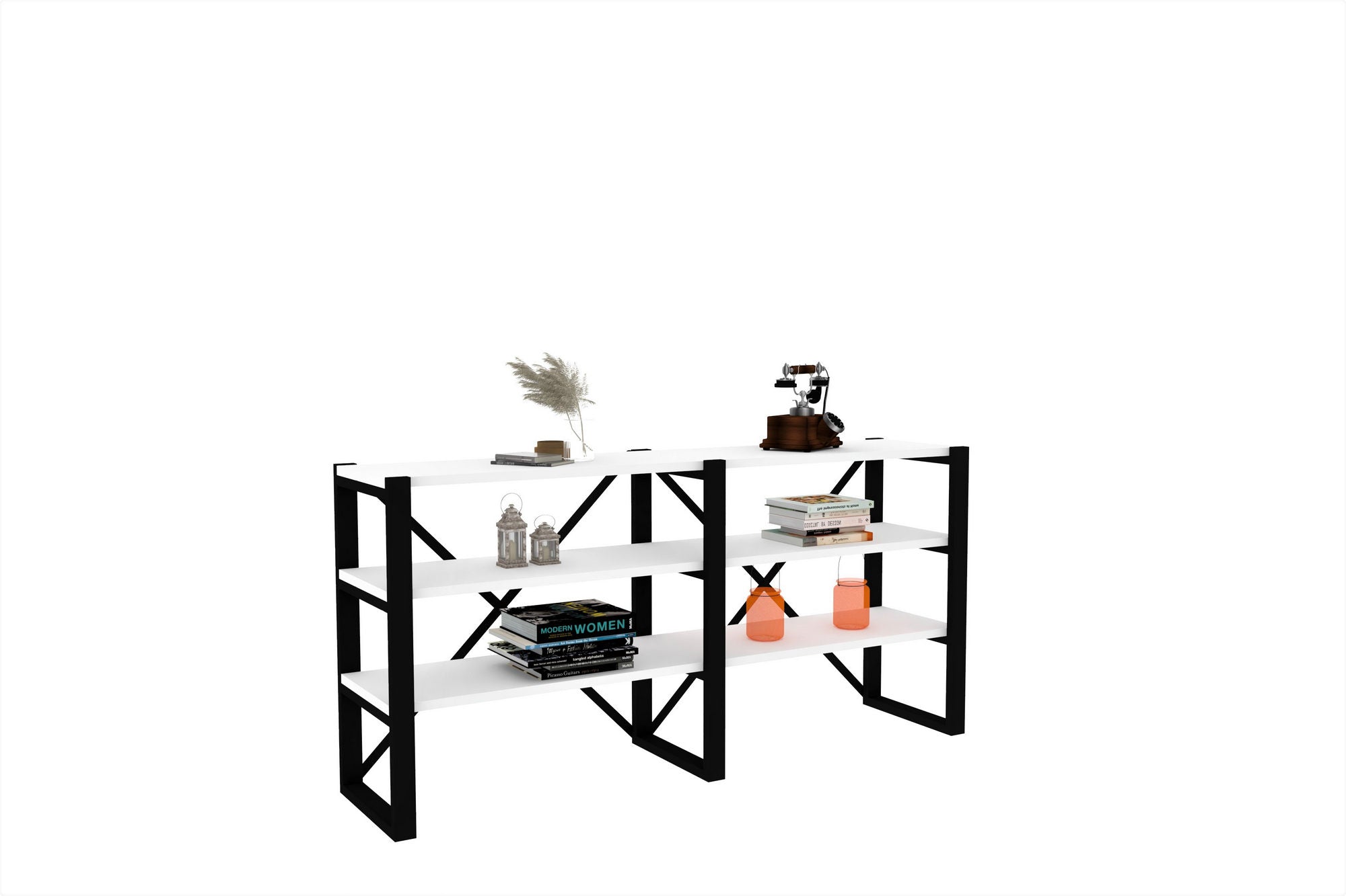 Estante de livros – 133.2 cm x 65 cm x 32.1 cm – Branco e Preto – Painéis de partículas revestidos a melamina