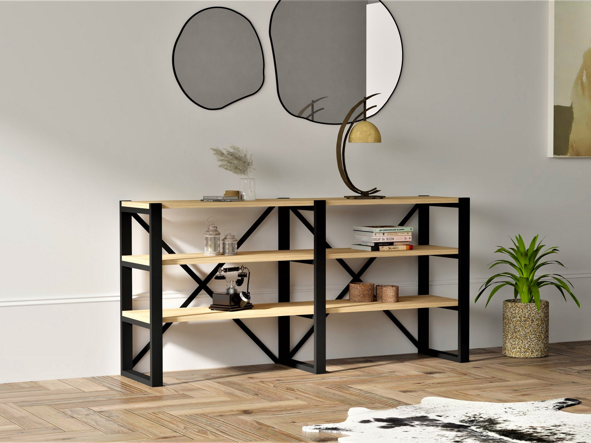 Estante de livros – 133.2cm x 65cm x 32.1cm – Preto e Safira – Painéis de partículas revestidos a melamina