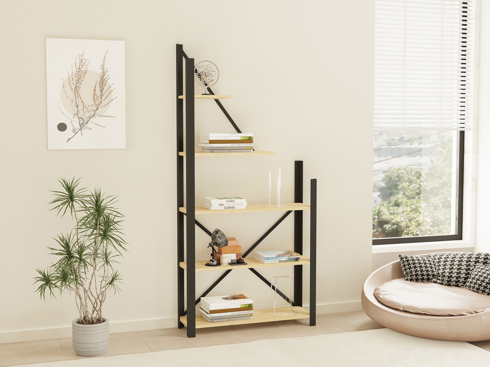 Estante de livros – 80 cm x 169.5 cm x 24 cm – Preto e Safira – Painel de partículas revestido a melamina