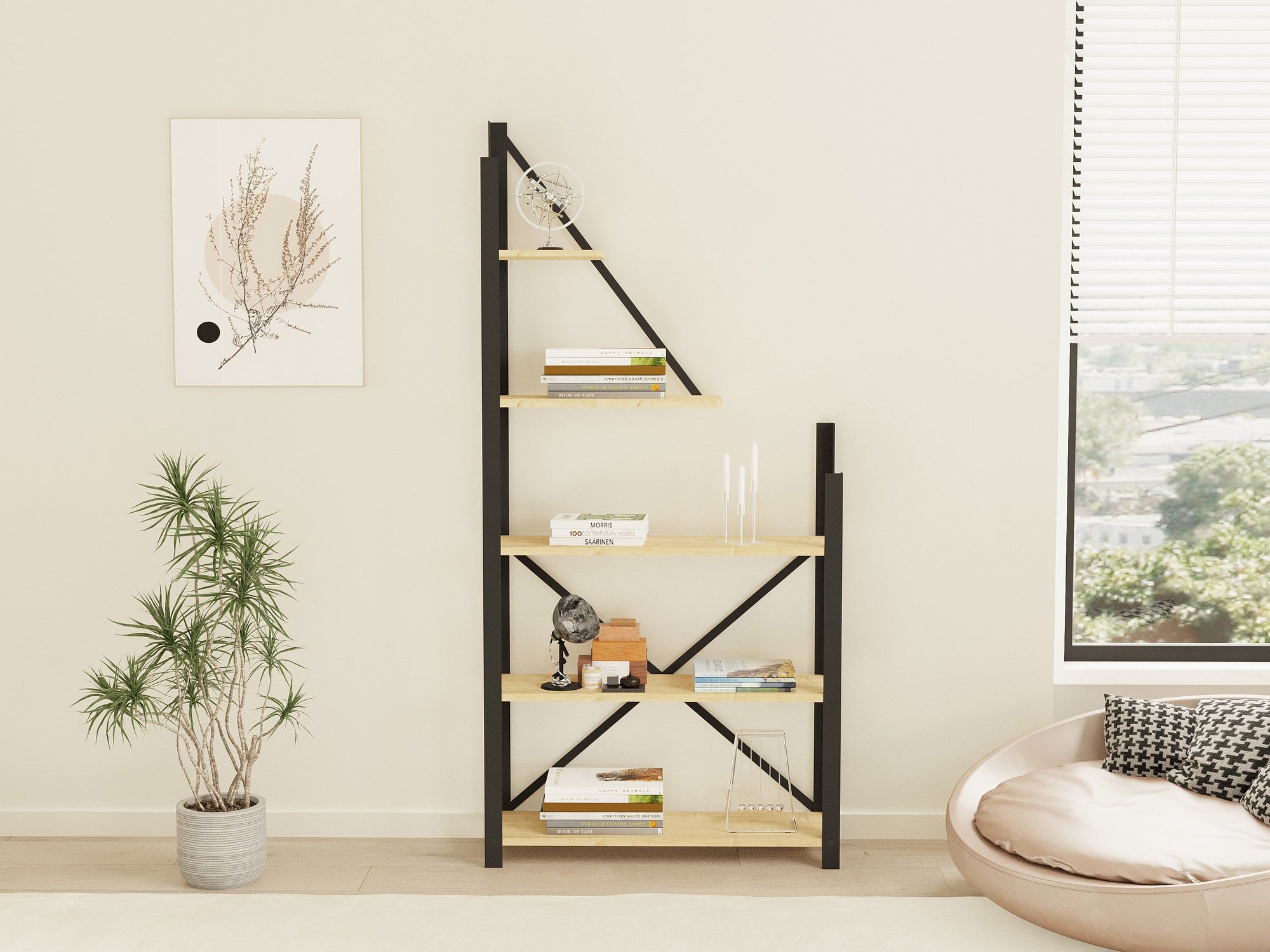 Estante de livros – 80 cm x 169.5 cm x 24 cm – Preto e Safira – Painel de partículas revestido a melamina