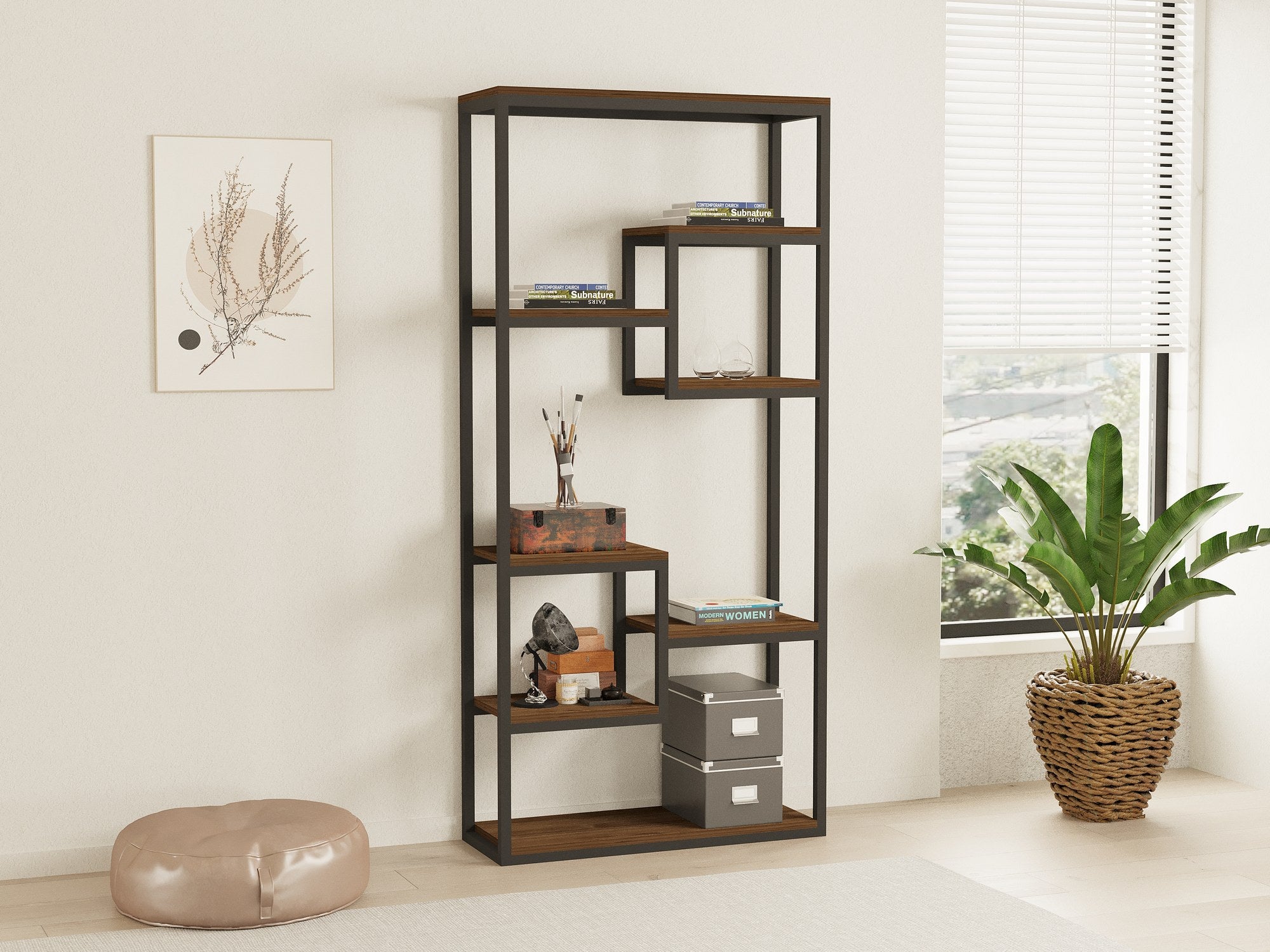 Estante Moderna – 85 x 182 x 29 cm – Nogueira e Preto – Painel de Partículas e Metal