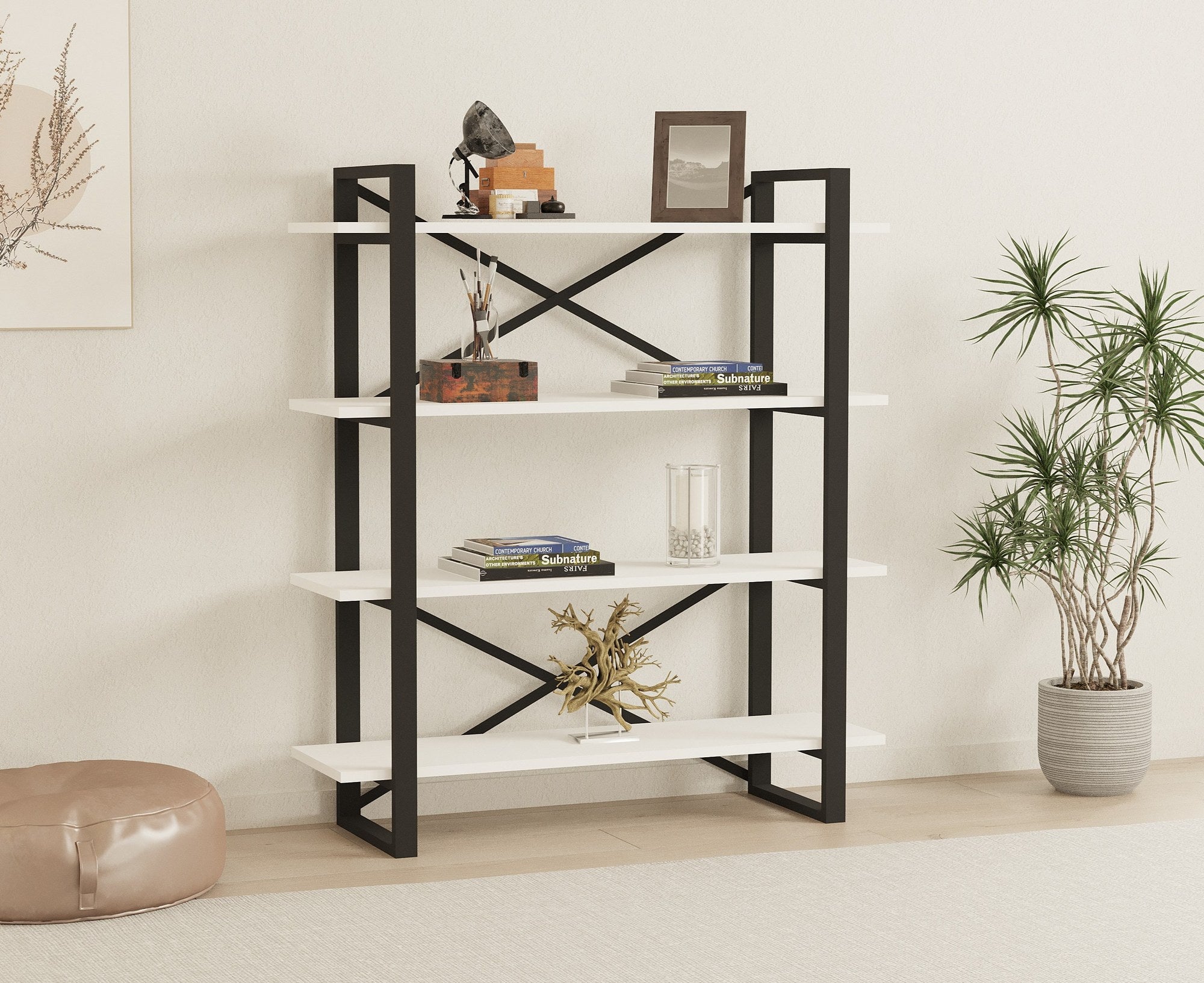 Estante de livros – 106 cm largura x 120 cm altura x 33 cm profundidade – Branco e Preto – Metal e Painel de Partículas