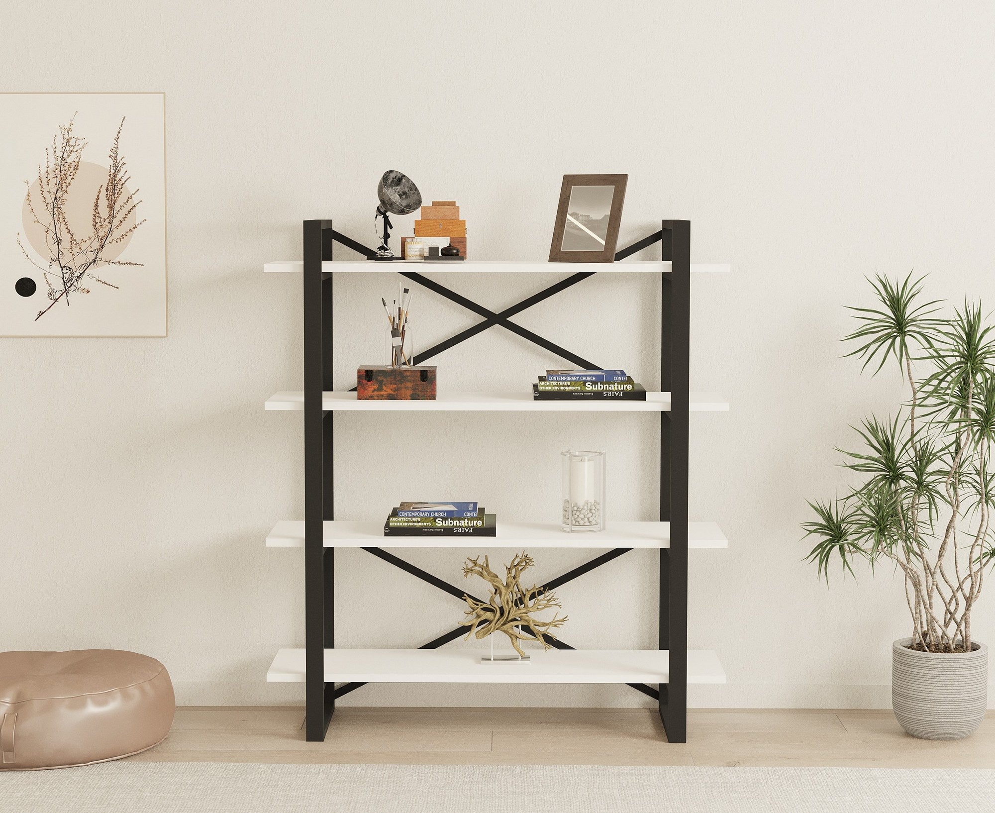 Estante de livros – 106 cm largura x 120 cm altura x 33 cm profundidade – Branco e Preto – Metal e Painel de Partículas