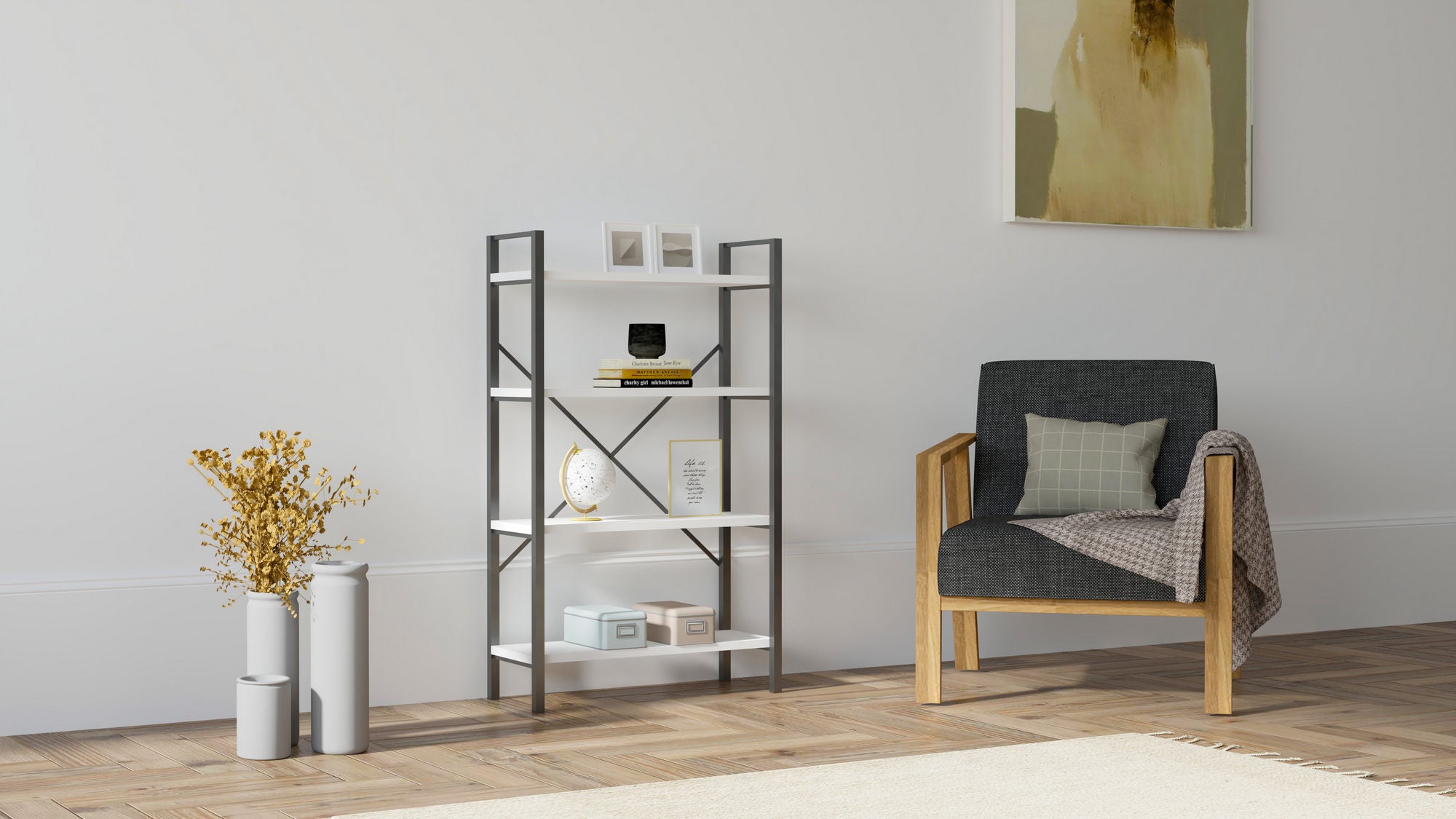 Estante de livros – 60 cm x 100 cm x 24 cm – Branco e Preto – Painéis de partículas revestidos a melamina