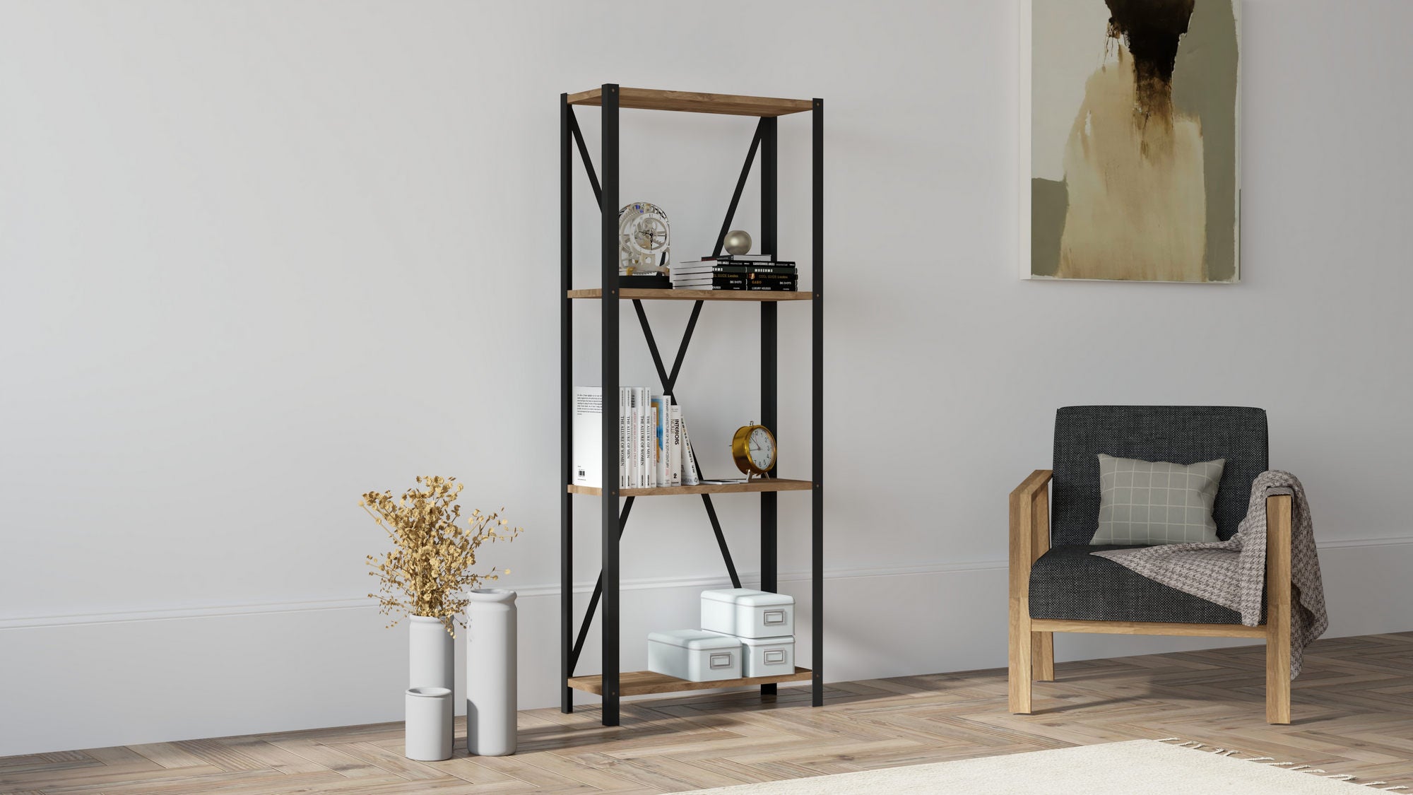 Estante de livros – 60cm x 149,5cm x 29cm – Nogueira e Preto – Painel de partículas e metal