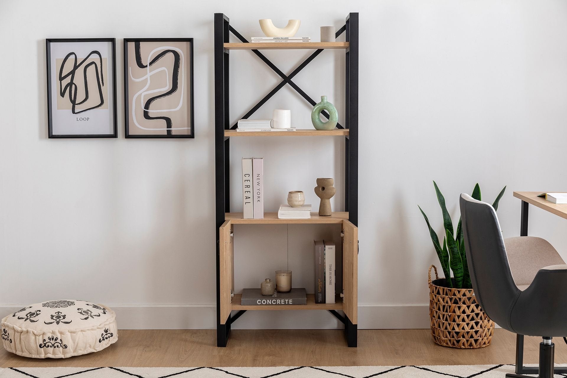 Estante de livros – 64 cm x 160 cm x 32 cm – Safira e preto – Metal e painel de partículas