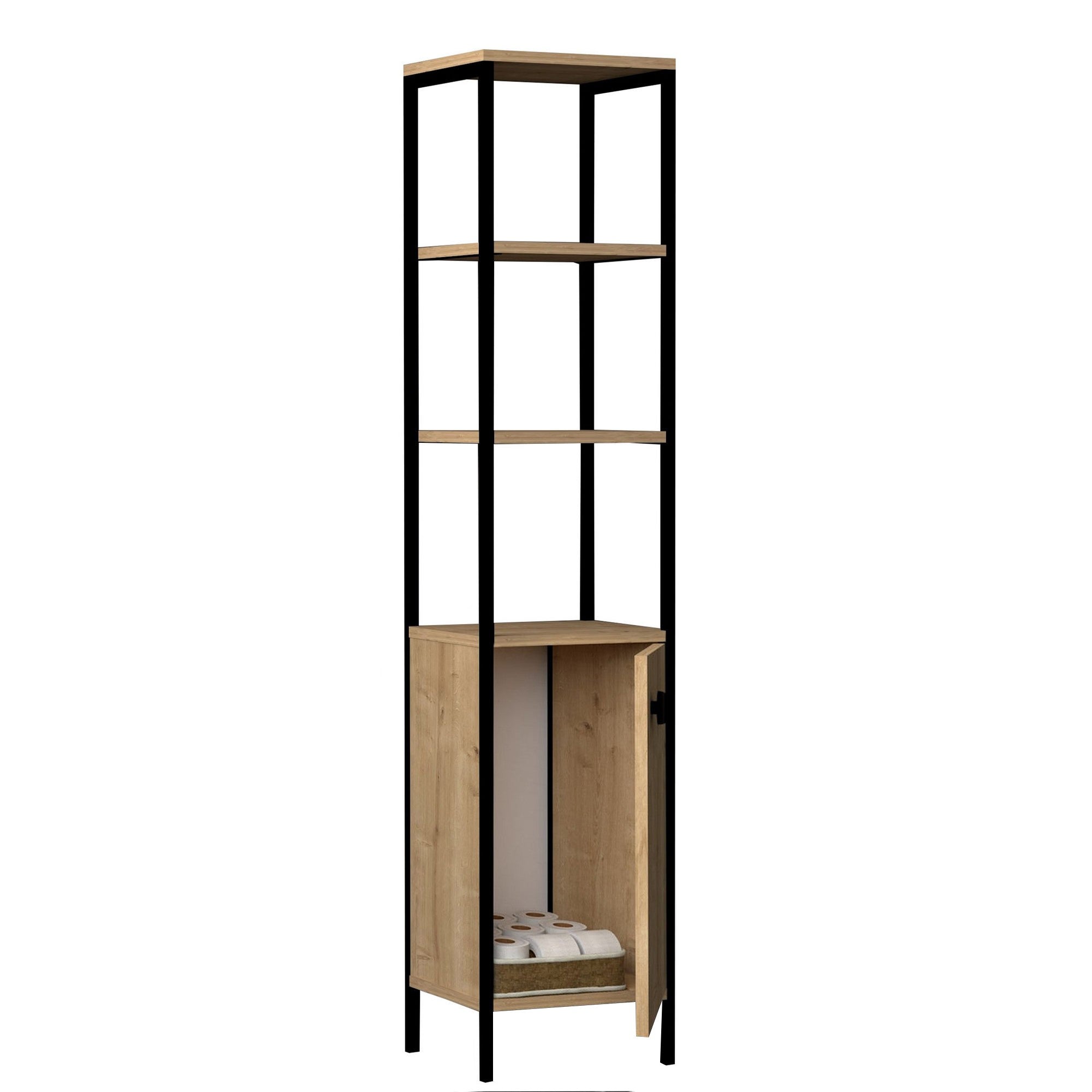Armário de Casa de Banho – 38 cm x 162.2 cm x 34 cm – Preto e Safira – Painel de Partículas Revestido a Melamina