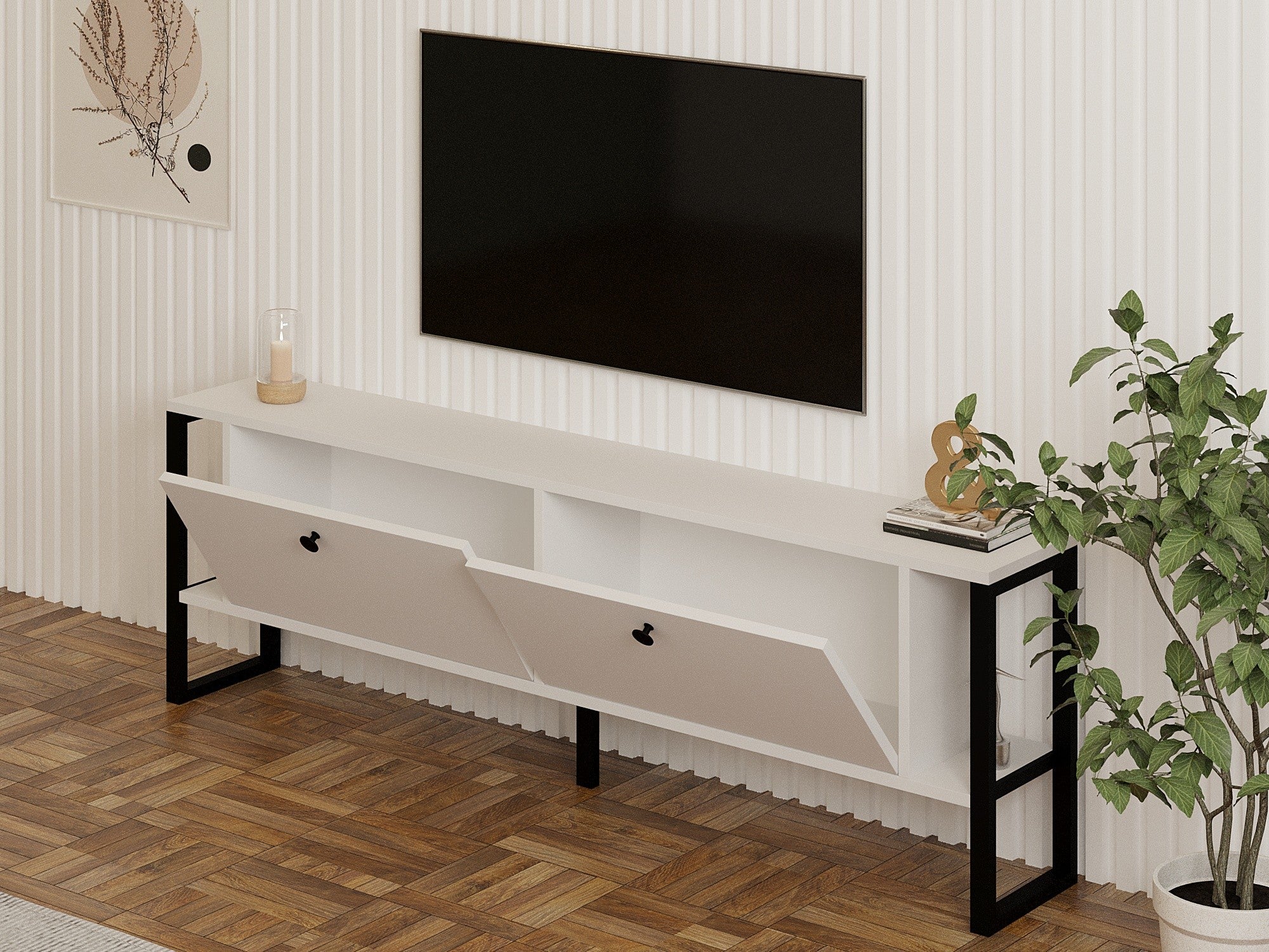 Móvel de TV – 160 cm x 50.4 cm x 24.5 cm – Branco – Painéis de partículas revestidos a melamina