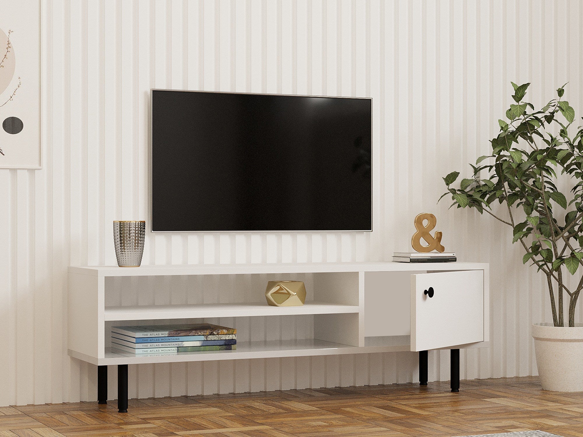Móvel de TV – 120 cm x 38 cm x 30 cm – Branco – Painel de partículas revestido a melamina
