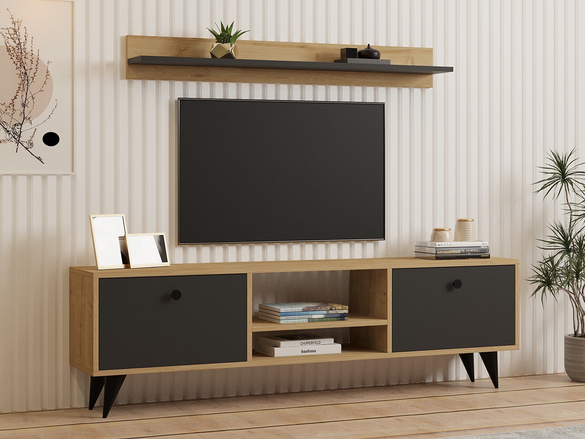 Móvel de TV – 160cm x 48cm x 29.5cm – Antracite e Safira – Painel de Partículas