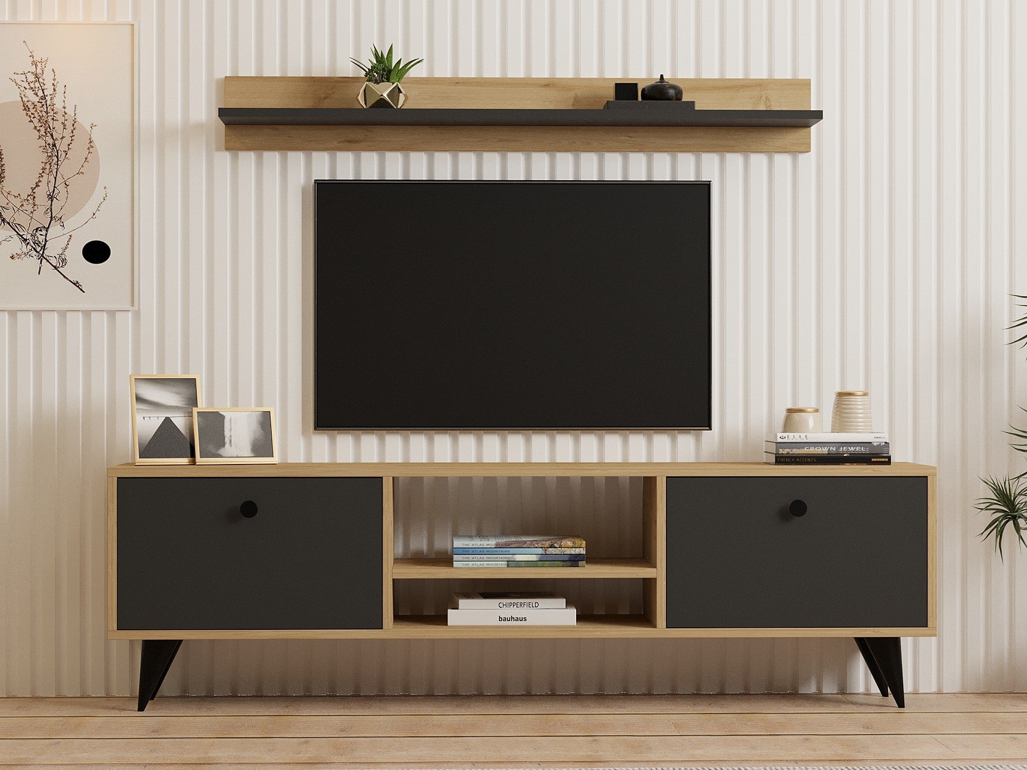 Móvel de TV – 160cm x 48cm x 29.5cm – Antracite e Safira – Painel de Partículas