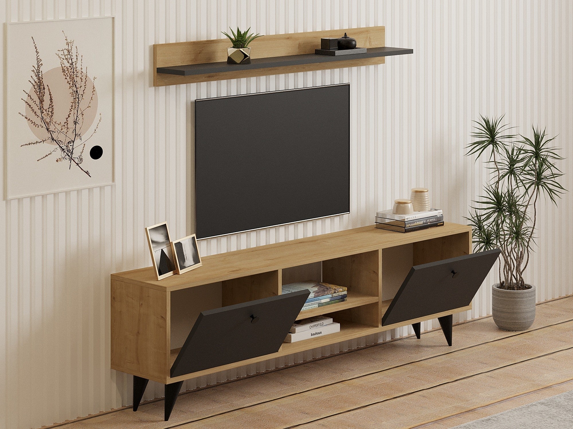Móvel de TV – 160cm x 48cm x 29.5cm – Antracite e Safira – Painel de Partículas