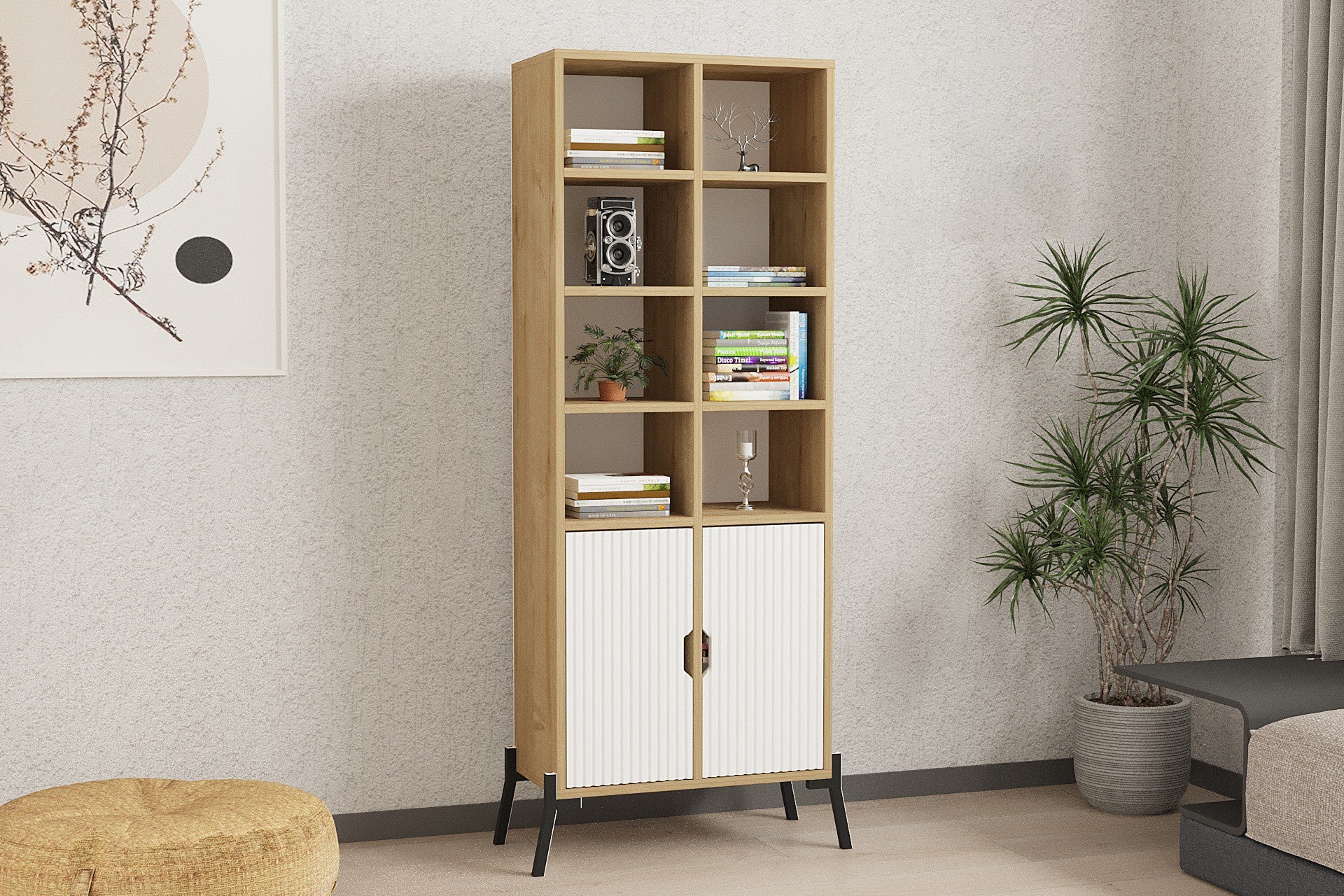 Estante de livros – 58.6 cm x 160 cm x 30 cm – Carvalho Safira e Branco – Painéis de partículas