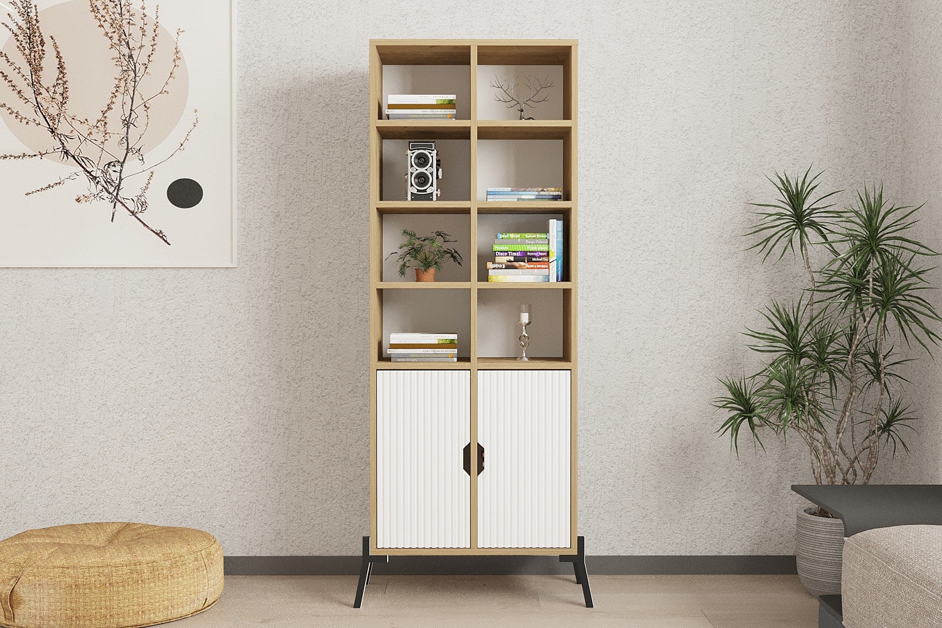 Estante de livros – 58.6 cm x 160 cm x 30 cm – Carvalho Safira e Branco – Painéis de partículas