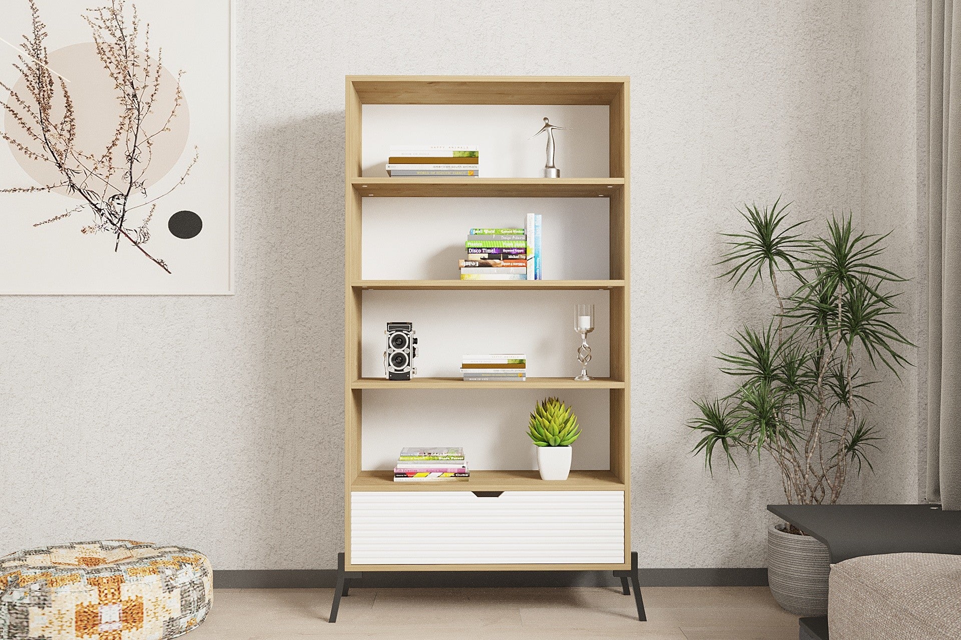 Estante de livros – 83.6cm x 160cm x 30cm – Carvalho Safira e Branco – Painel de partículas e MDF