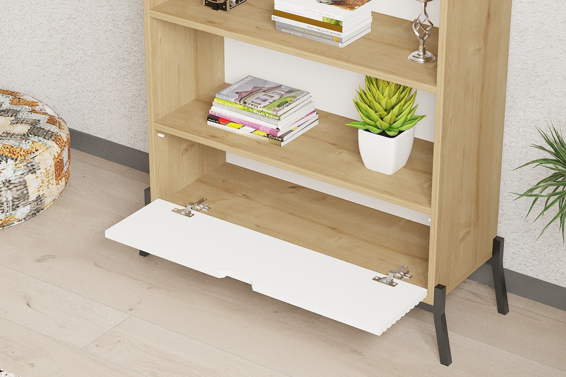 Estante de livros – 83.6cm x 160cm x 30cm – Carvalho Safira e Branco – Painel de partículas e MDF