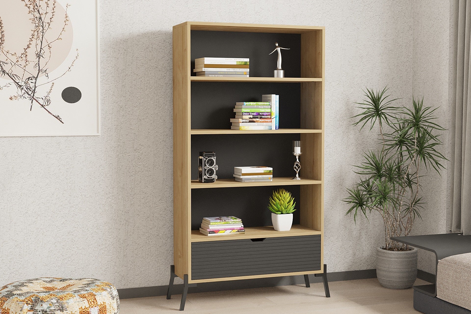 Estante de livros – 160cm x 83.6cm x 30cm – Carvalho Safira e Antracite – Madeira