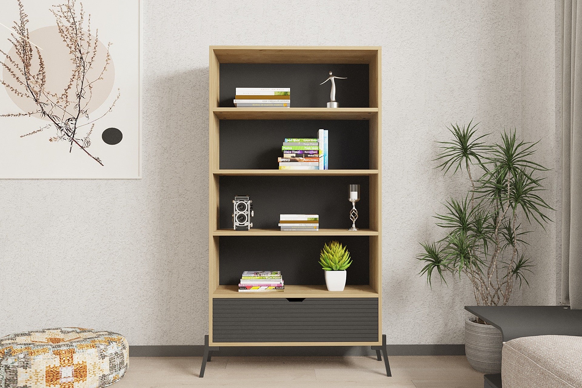 Estante de livros – 160cm x 83.6cm x 30cm – Carvalho Safira e Antracite – Madeira