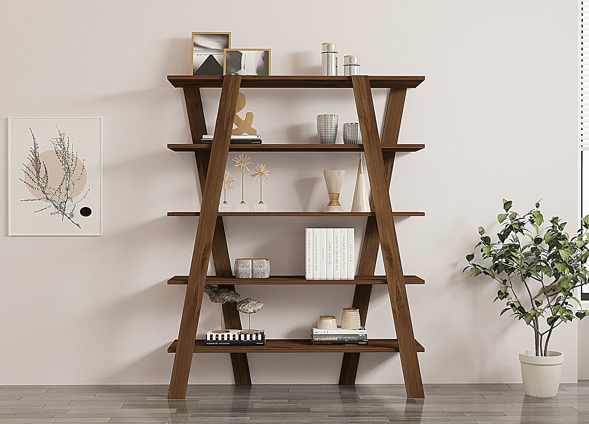 Estante escandinava em nogueira – 120 x 150 x 25 cm – nogueira – painel de partículas revestido a melamina