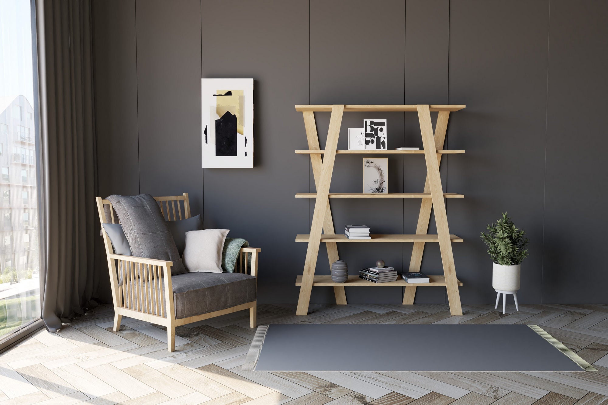 Estante Escandinava – 120 x 150 x 25 cm – Carvalho Safira – Painel de Partículas Revestido a Melamina