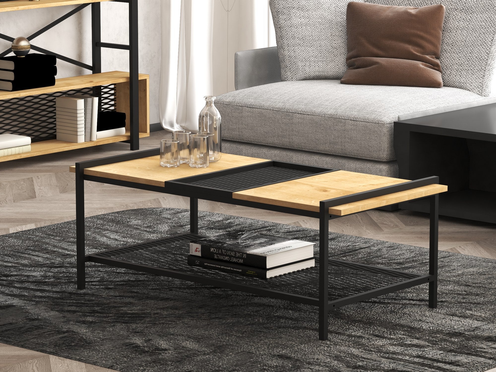 Mesa de Centro – 120 cm x 45 cm x 56 cm – Preto e Nogueira – Painéis de partículas revestidos a melamina