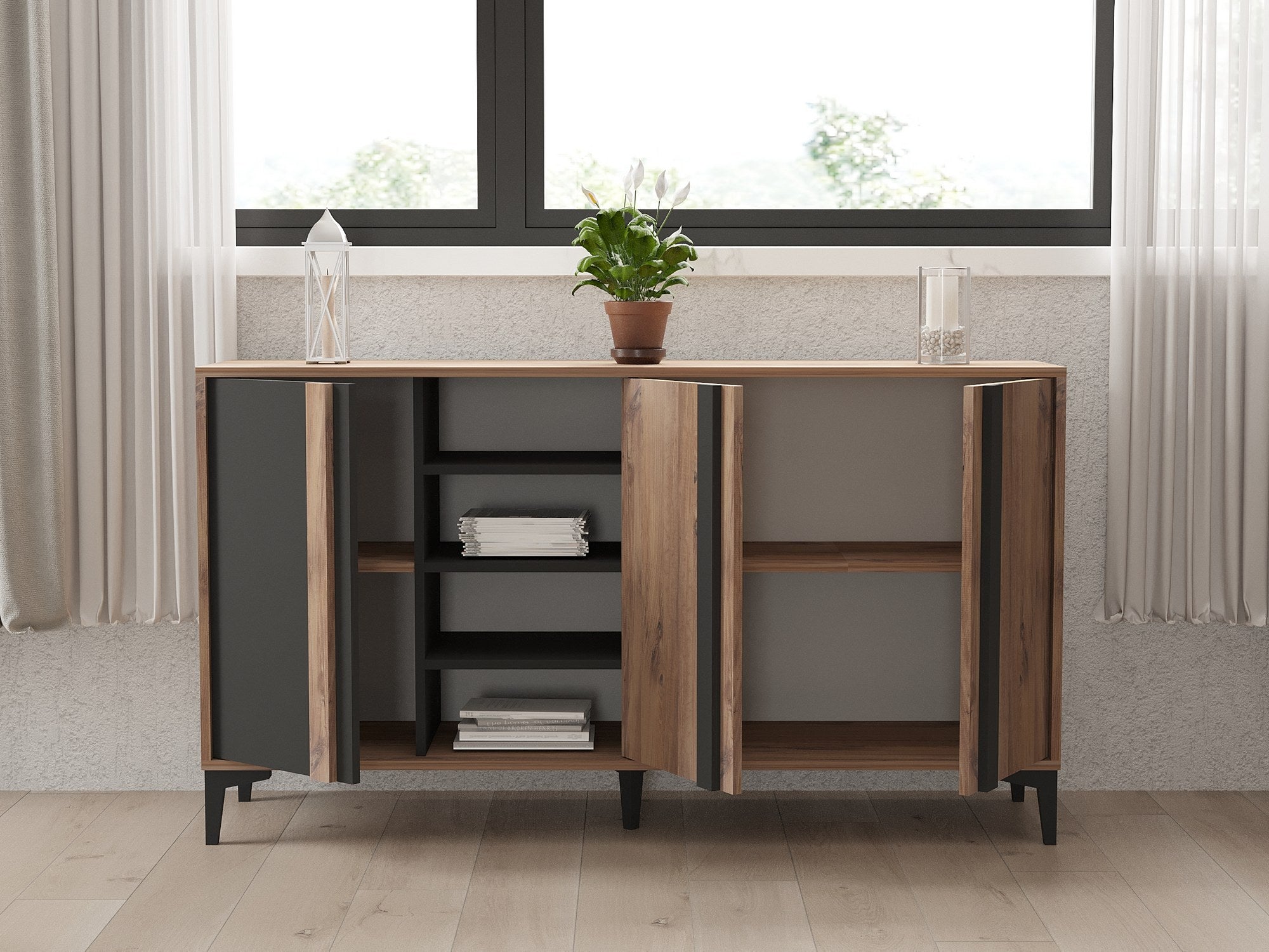 Aparador – 160cm x 90cm x 40cm – Antracite – Painel de partículas revestido a melamina