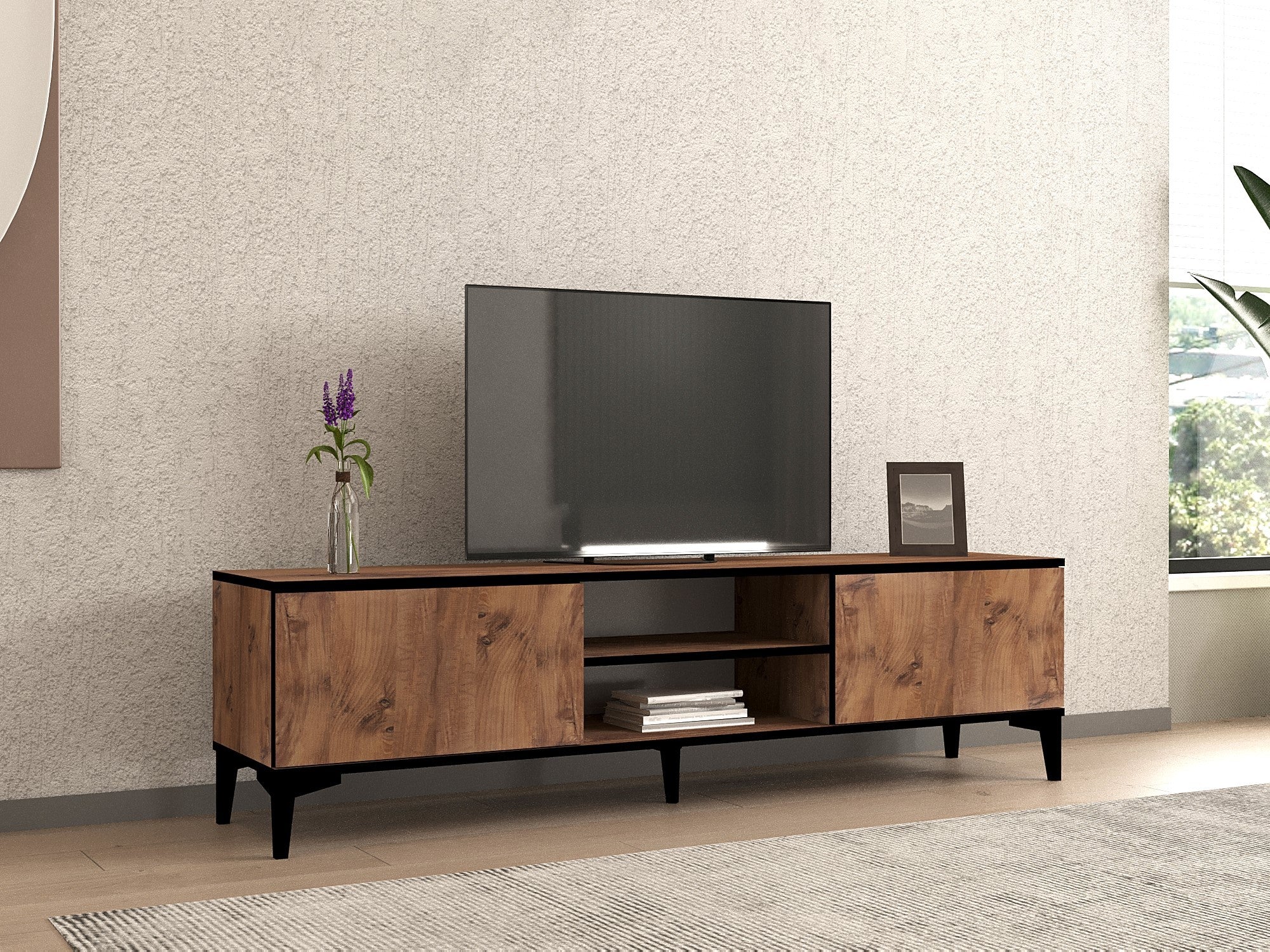 Móvel de TV – 180 x 49,6 x 40 cm – Pinheiro Atlântico e Preto – MDF revestido de melamina