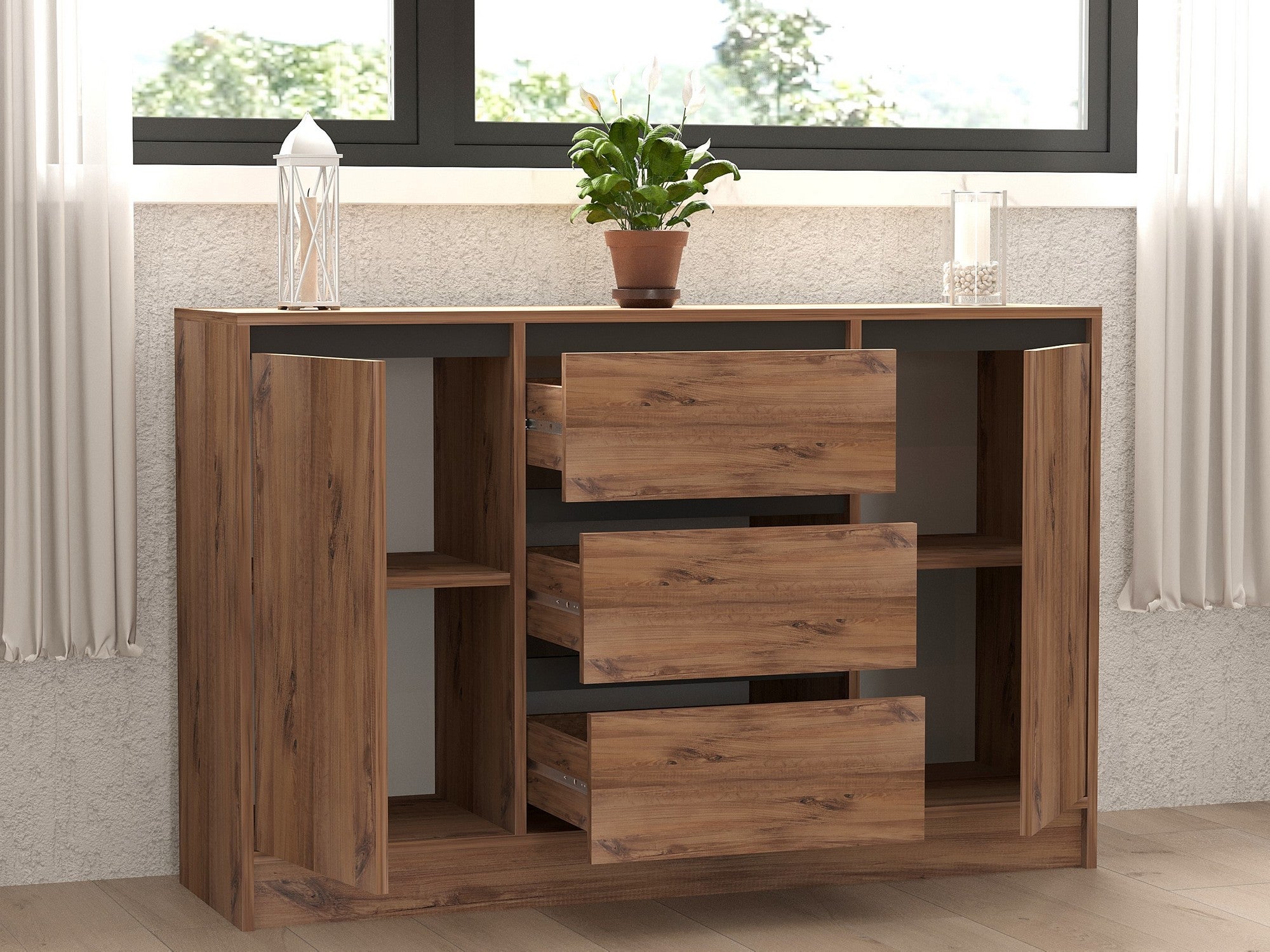 Aparador – 140 cm x 90 cm x 40 cm – Pinho Atlântico e Antracite – Painel de Partículas
