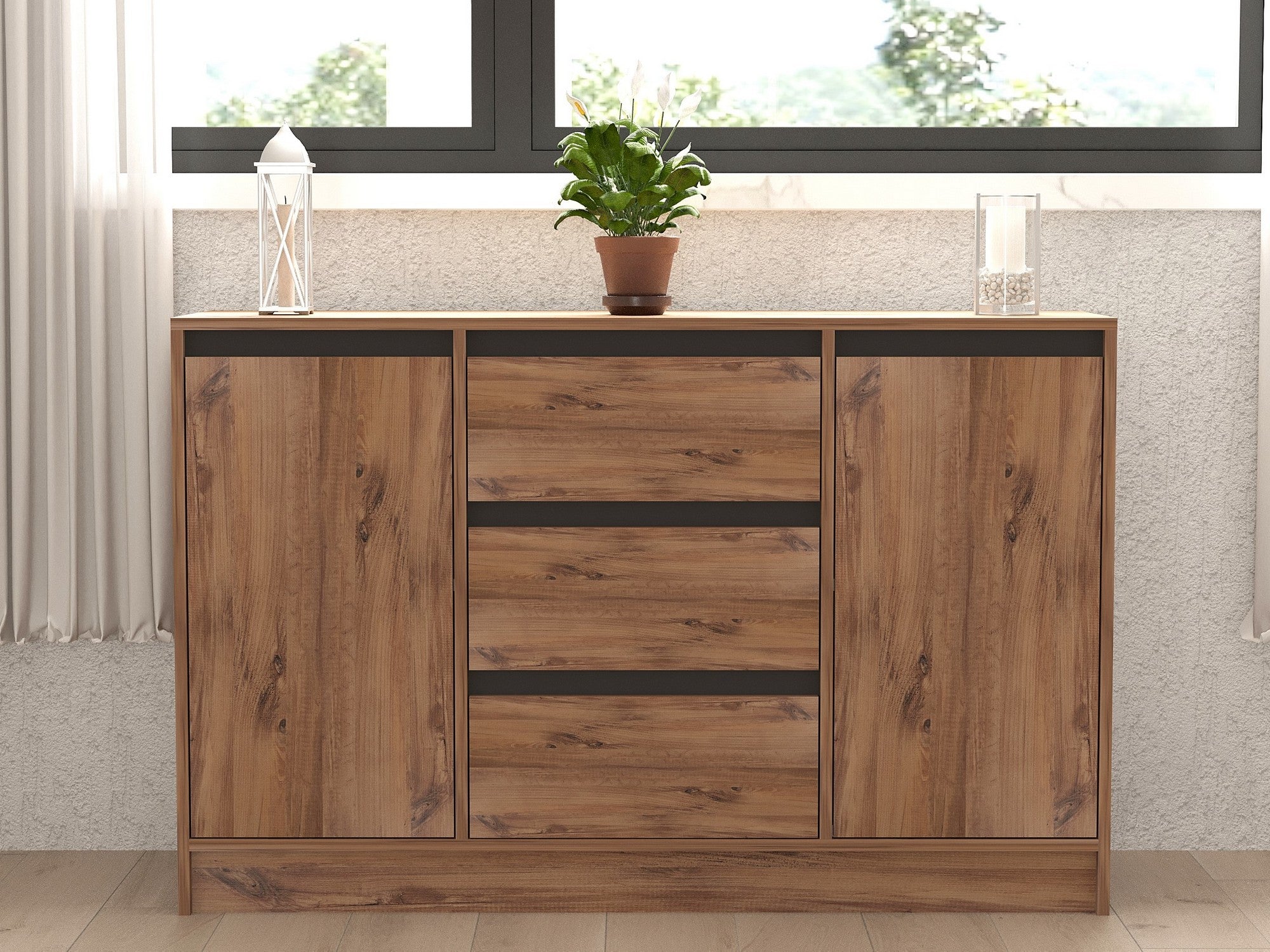 Aparador – 140 cm x 90 cm x 40 cm – Pinho Atlântico e Antracite – Painel de Partículas
