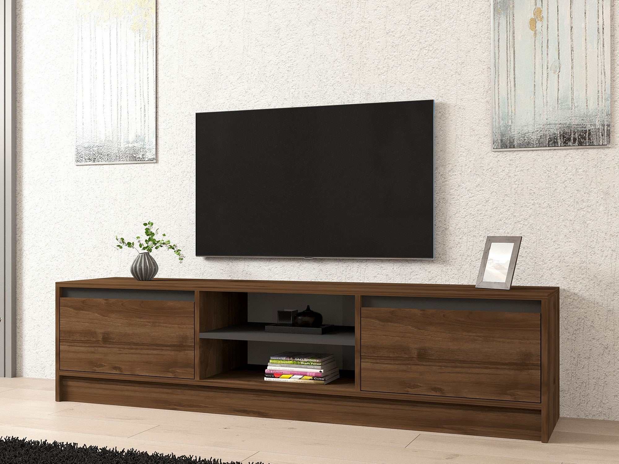 Móvel de TV elegante – 180 x 45 x 40 cm – Nogueira e Antracite – Painel de partículas revestido de melamina