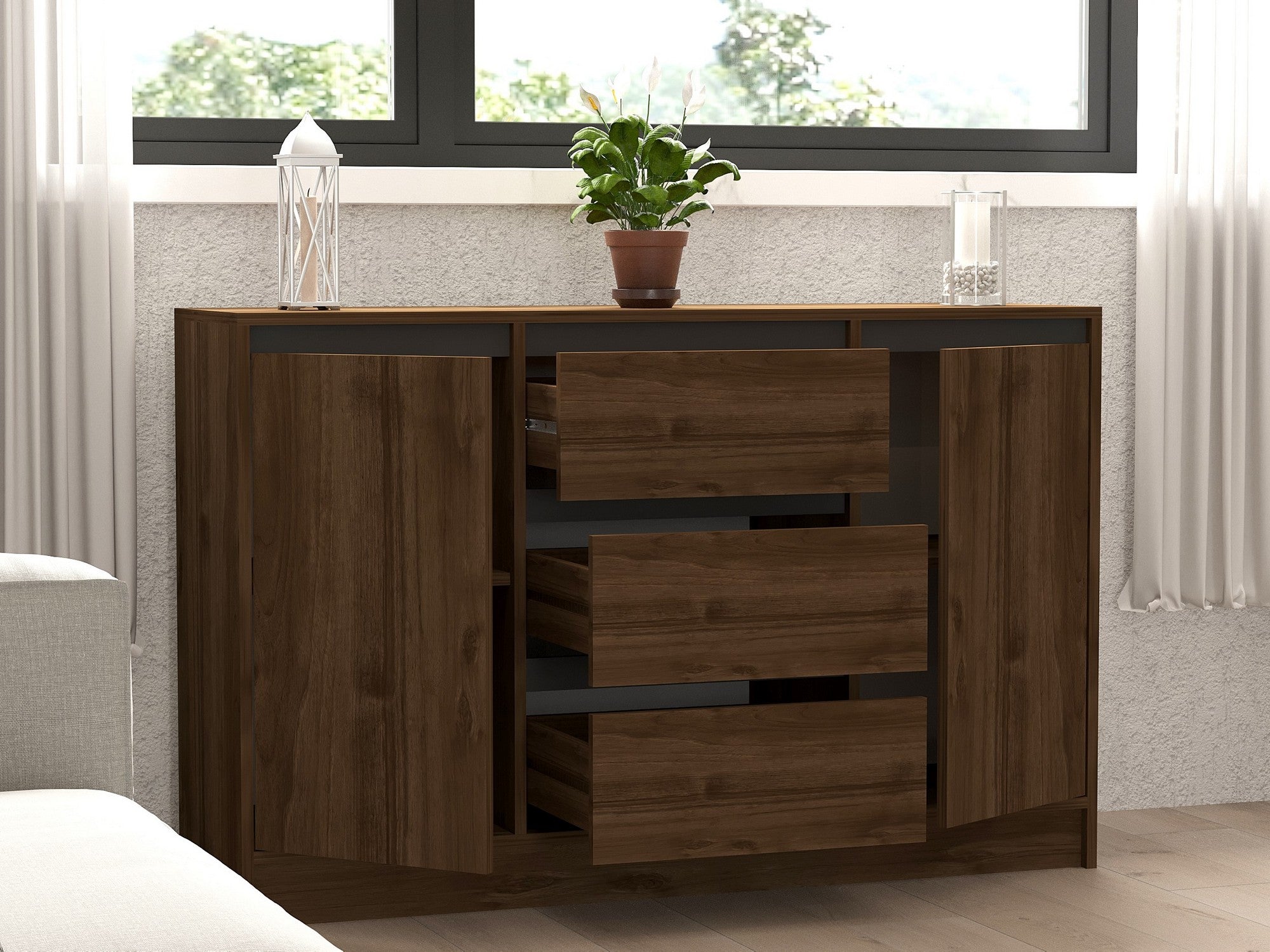 Aparador – 140 cm x 90 cm x 40 cm – Nogueira e Antracite – Painel de partículas revestido a melamina