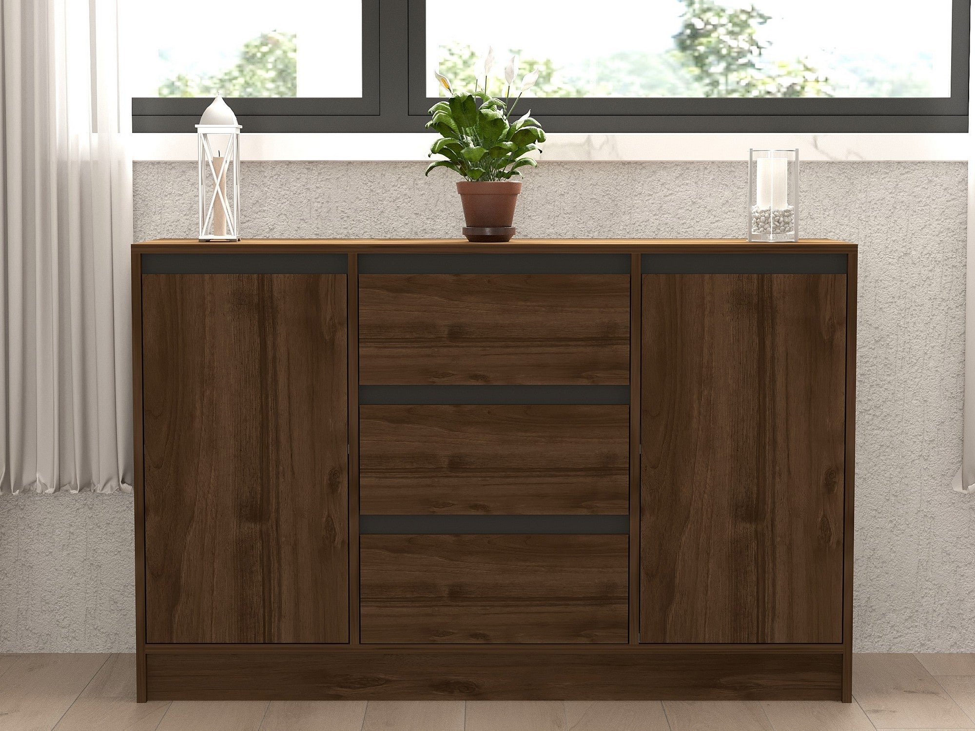 Aparador – 140 cm x 90 cm x 40 cm – Nogueira e Antracite – Painel de partículas revestido a melamina