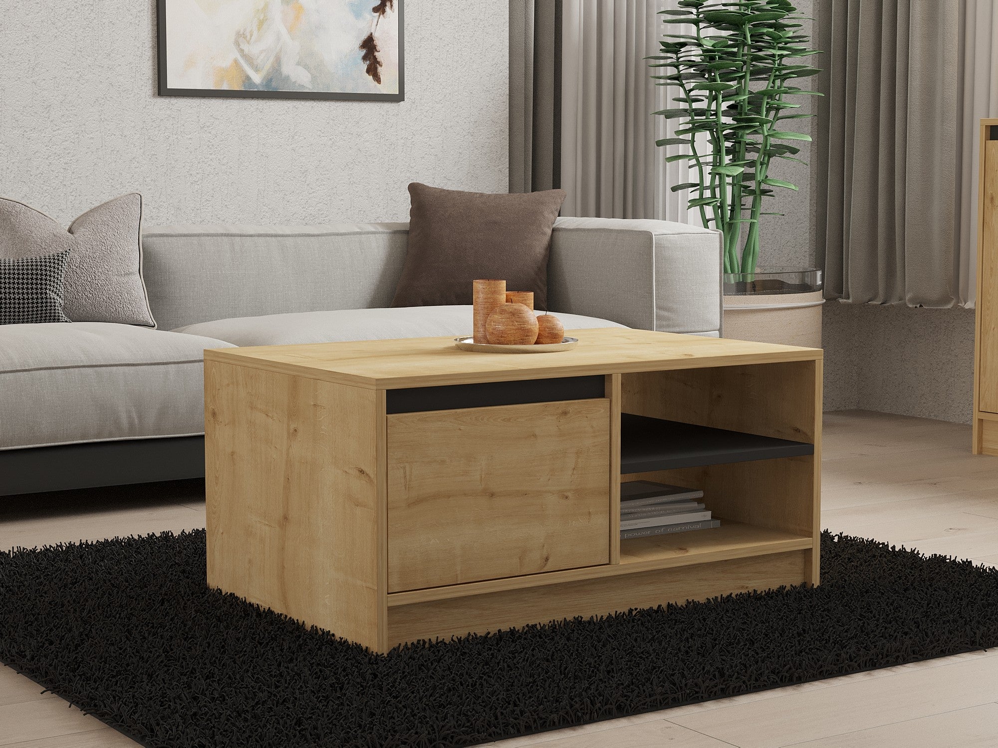 Mesa de Centro – 90 cm x 45 cm x 60 cm – Safira, Carvalho e Antracite – Painel de Partículas Revestido a Melamina