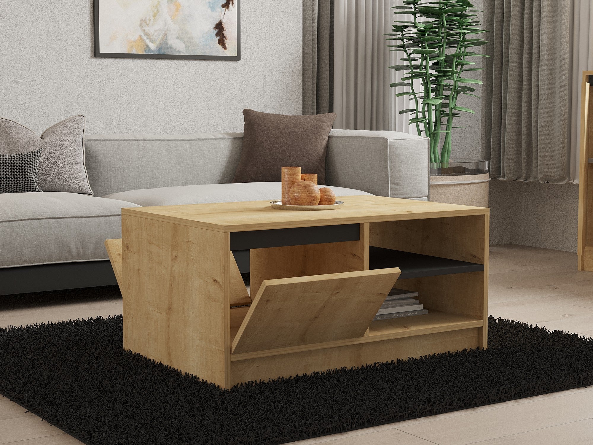 Mesa de Centro – 90 cm x 45 cm x 60 cm – Safira, Carvalho e Antracite – Painel de Partículas Revestido a Melamina