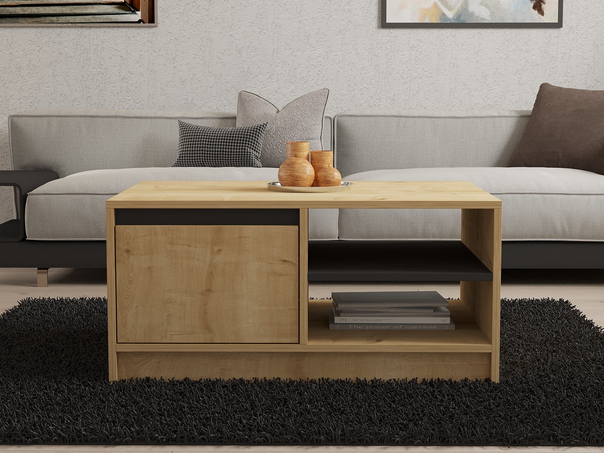 Mesa de Centro – 90 cm x 45 cm x 60 cm – Safira, Carvalho e Antracite – Painel de Partículas Revestido a Melamina