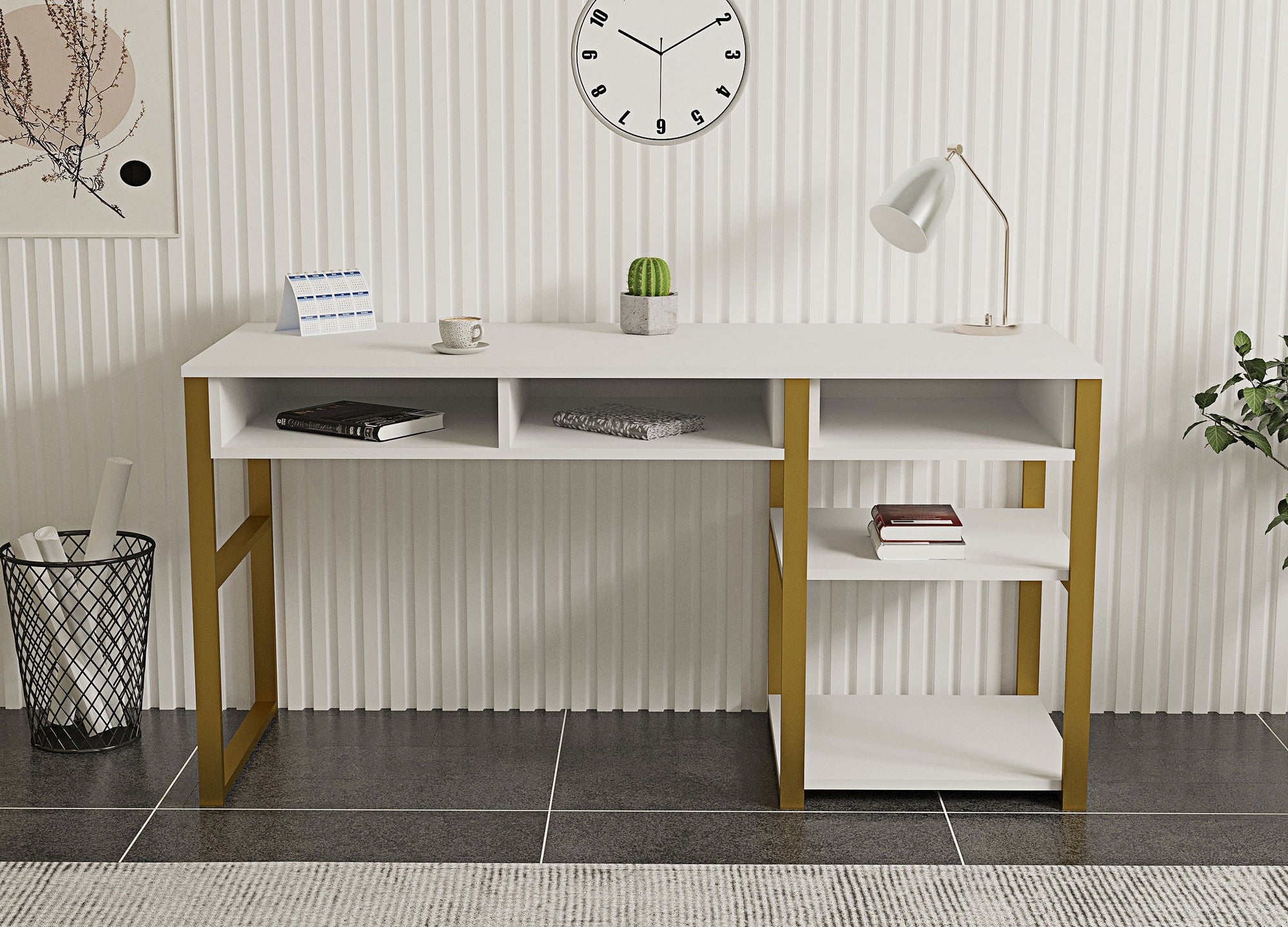 Secretária de Estudo – 150 cm x 75.8 cm x 58.4 cm – Branco e Dourado – Painel de Partículas