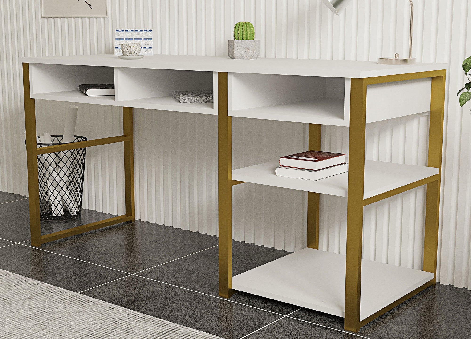 Secretária de Estudo – 150 cm x 75.8 cm x 58.4 cm – Branco e Dourado – Painel de Partículas
