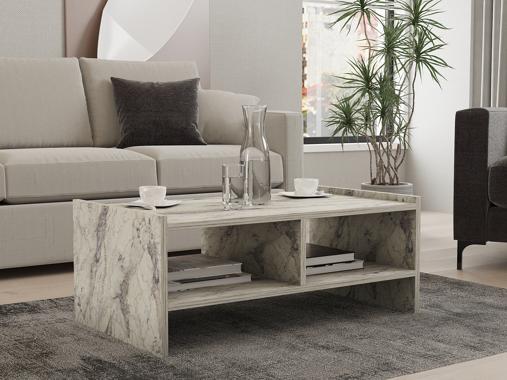 Mesa de Centro – 90cm x 35cm x 50cm – Mármore Freesia – Painéis de partículas revestidos a melamina