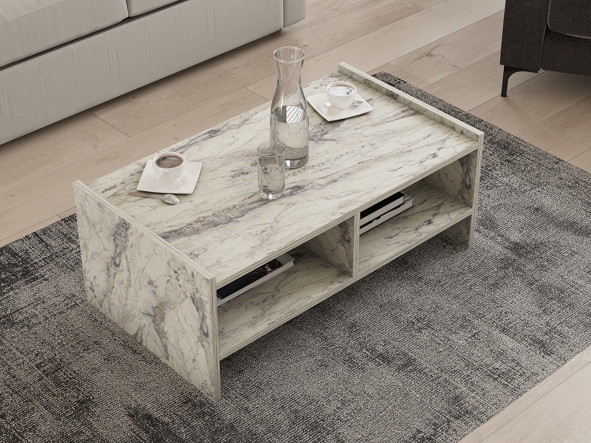 Mesa de Centro – 90cm x 35cm x 50cm – Mármore Freesia – Painéis de partículas revestidos a melamina