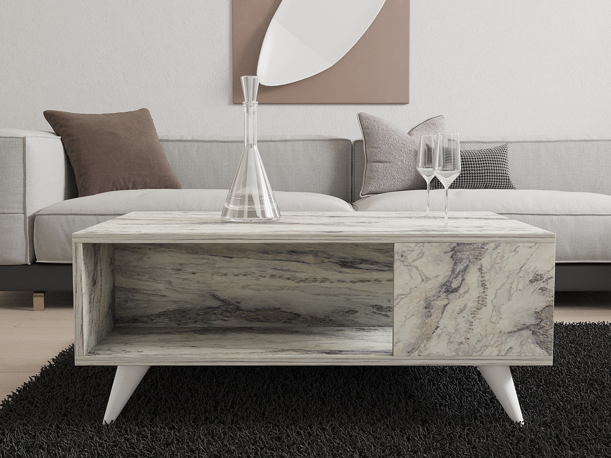 Mesa de Centro – 90 cm x 39,5 cm x 60 cm – Mármore Freésia – Painéis de partículas revestidos a melamina