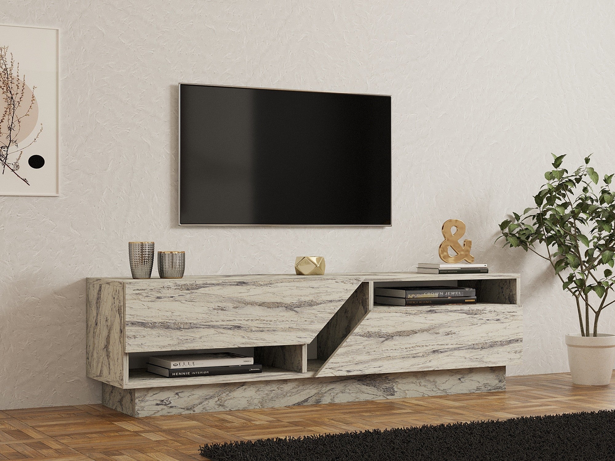 Móvel de TV – 160 cm x 45 cm x 40 cm – Mármore Freesia – Painéis de Partículas revestidos a Melamina