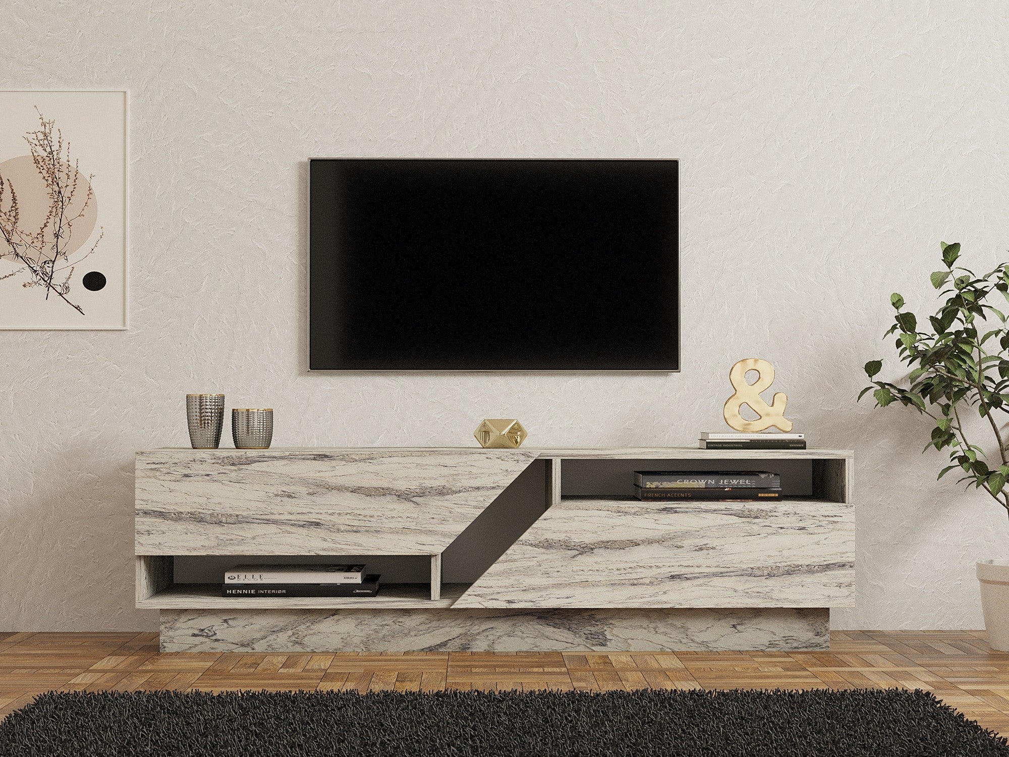Móvel de TV – 160 cm x 45 cm x 40 cm – Mármore Freesia – Painéis de Partículas revestidos a Melamina