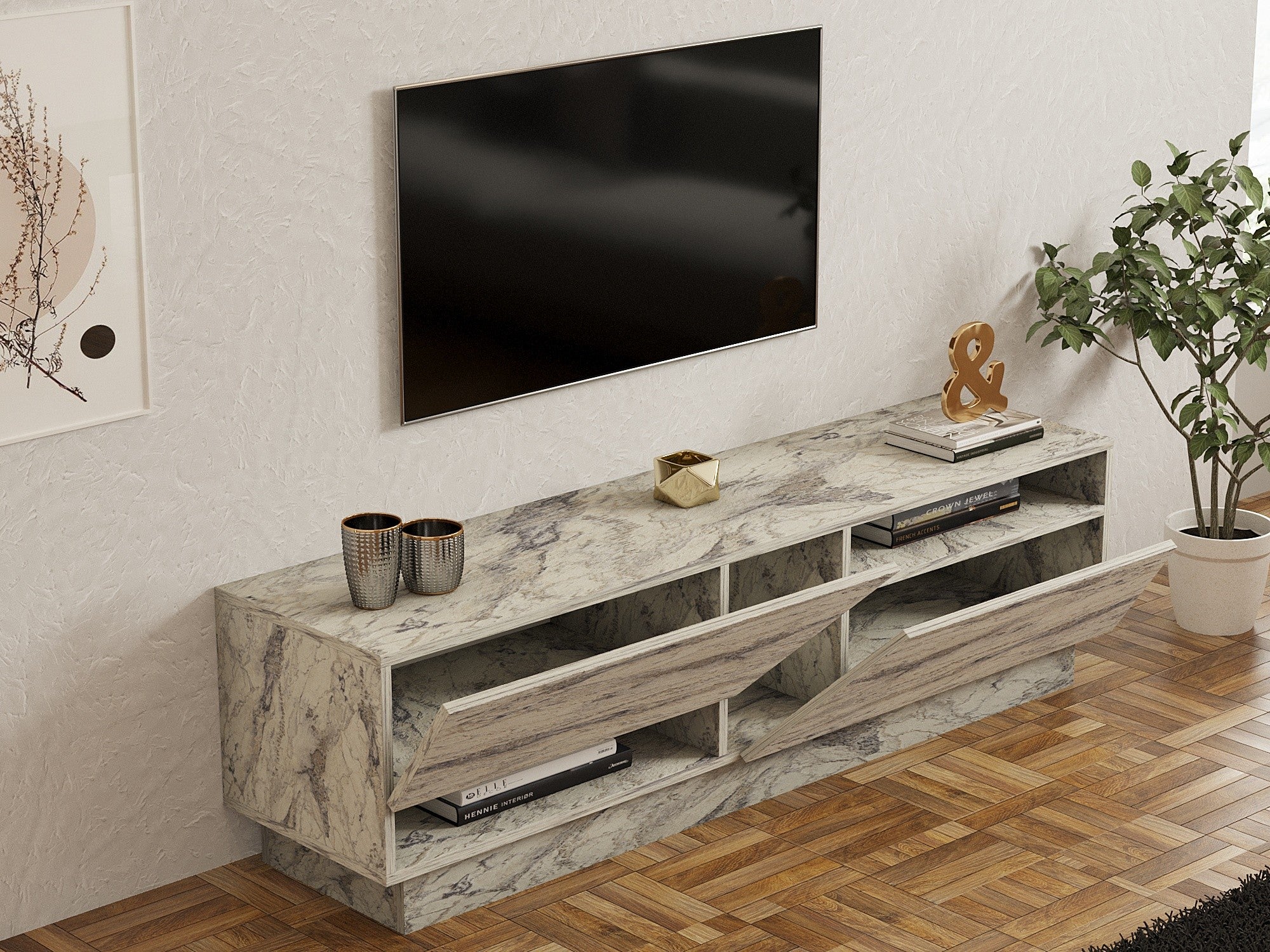 Móvel de TV – 160 cm x 45 cm x 40 cm – Mármore Freesia – Painéis de Partículas revestidos a Melamina