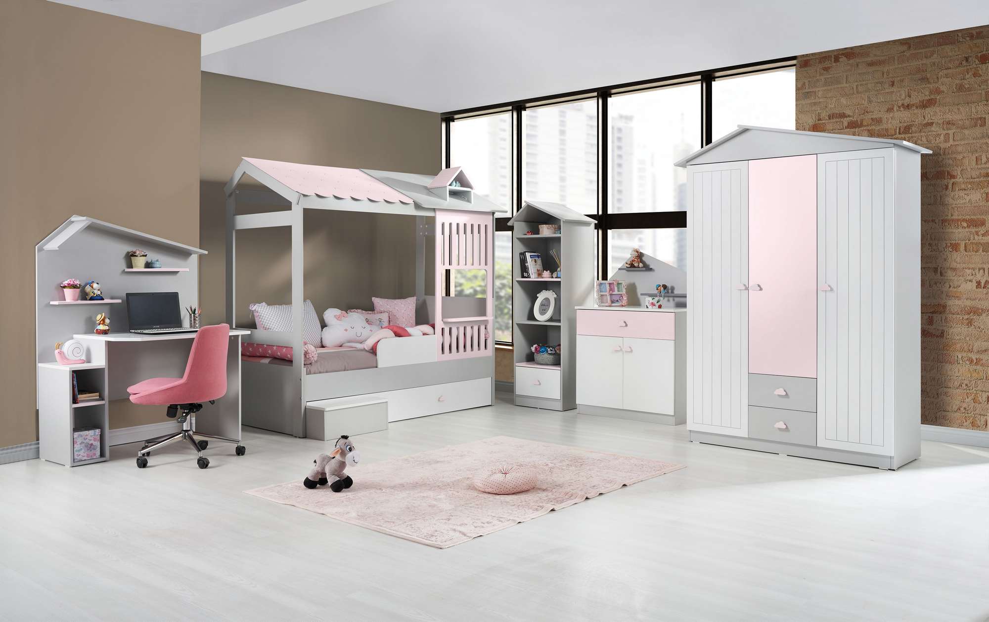 Secretária de Estudo – 112 cm x 149 cm x 62 cm – Rosa e Cinza – MDF