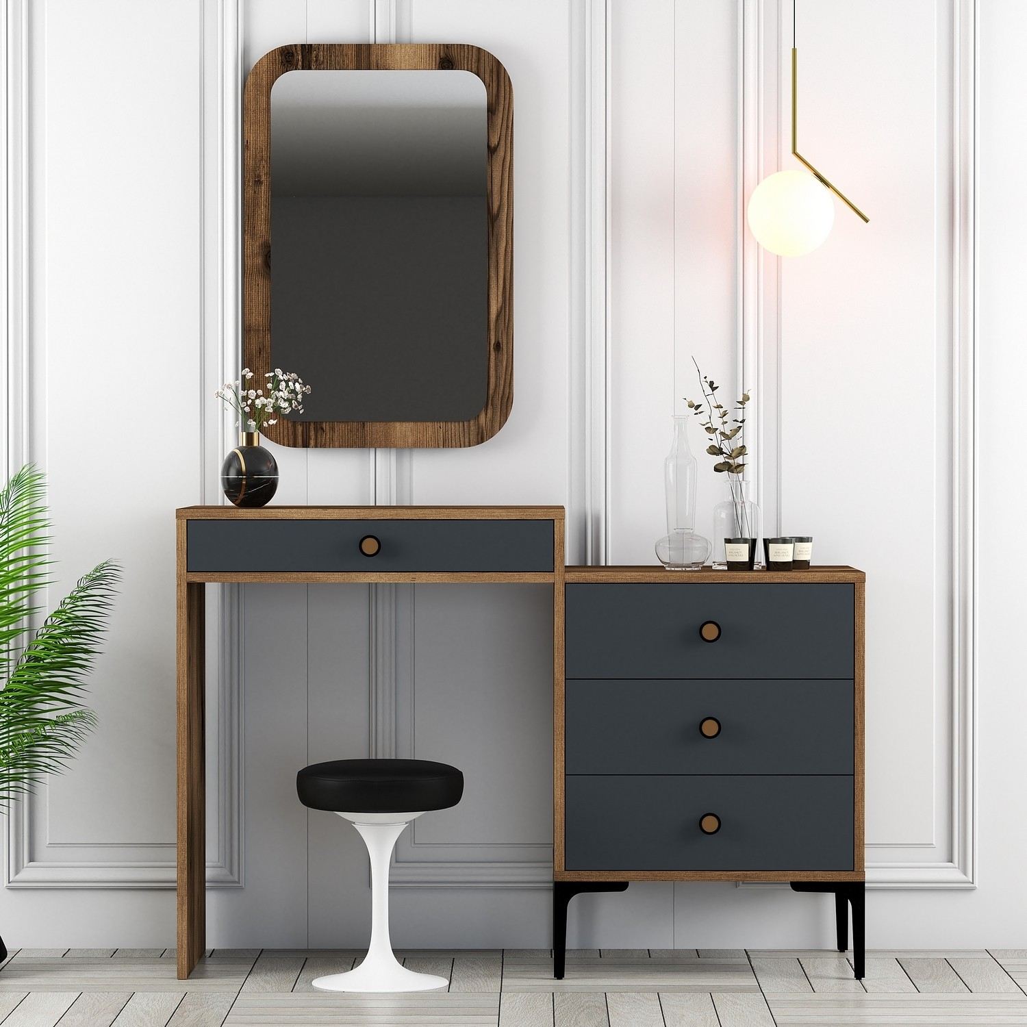 Toucador Moderno com espelho – 124 x 84,7 x 40 cm – Nogueira e antracite – Melamina