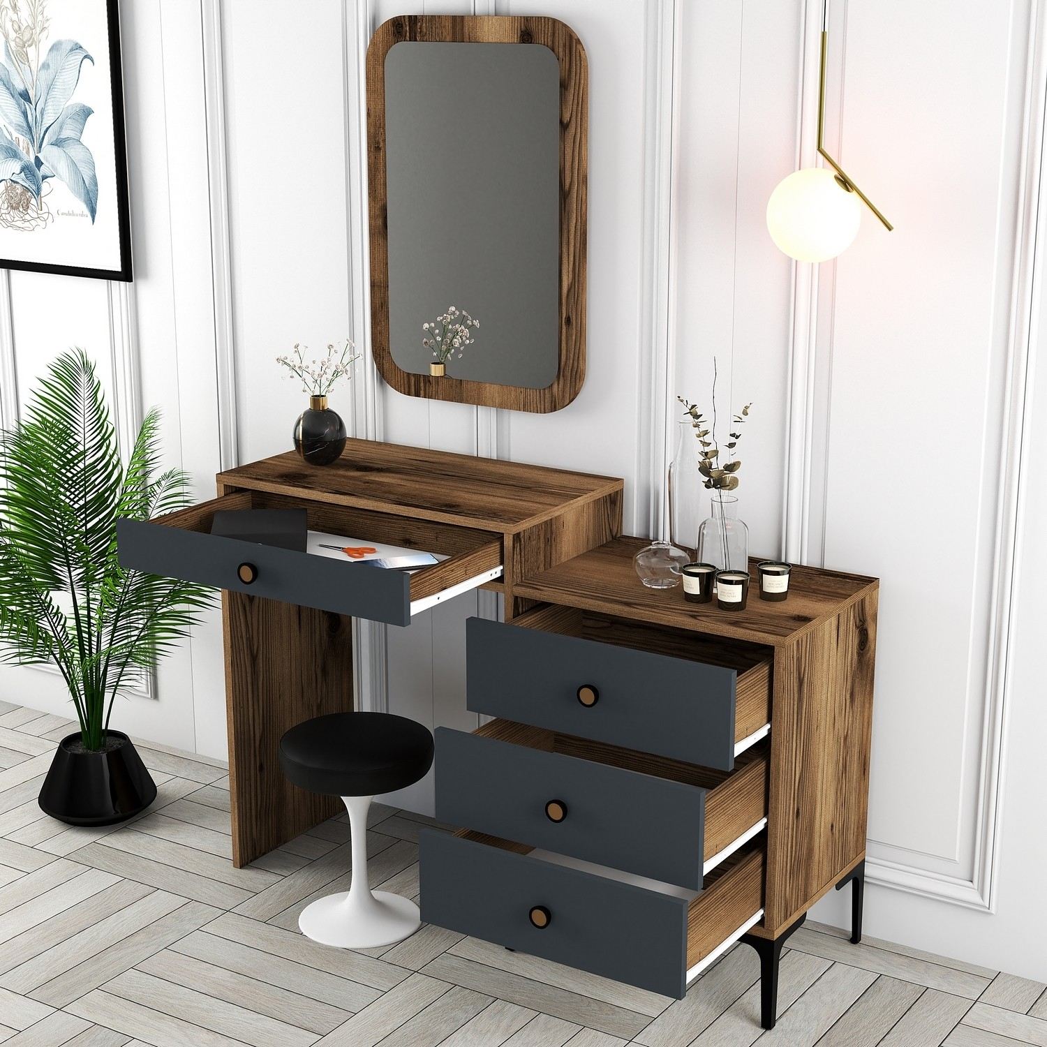 Toucador Moderno com espelho – 124 x 84,7 x 40 cm – Nogueira e antracite – Melamina