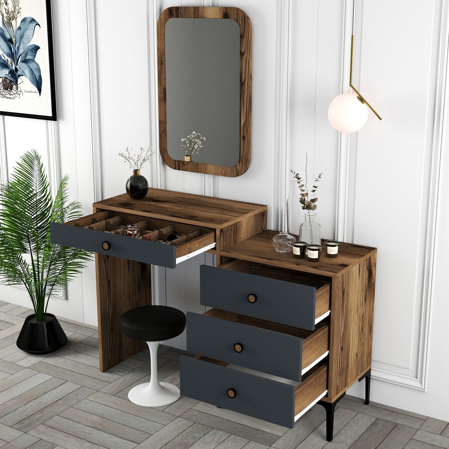 Toucador Moderno com espelho – 124 x 84,7 x 40 cm – Nogueira e antracite – Melamina