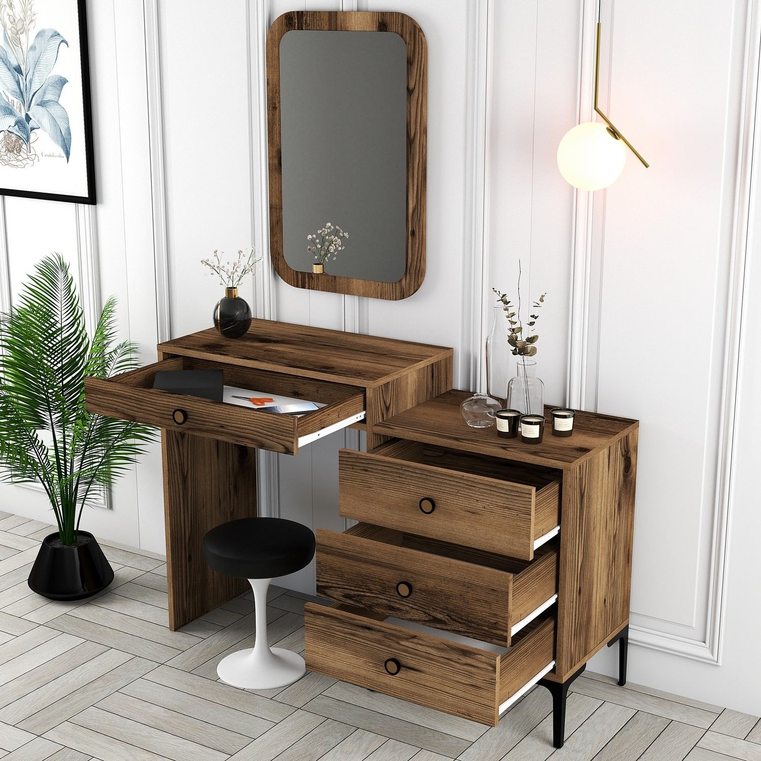 Toucador Moderno de nogueira com espelho – 124 x 84,7 x 40 cm – 100% revestido em melamina – pernas de metal
