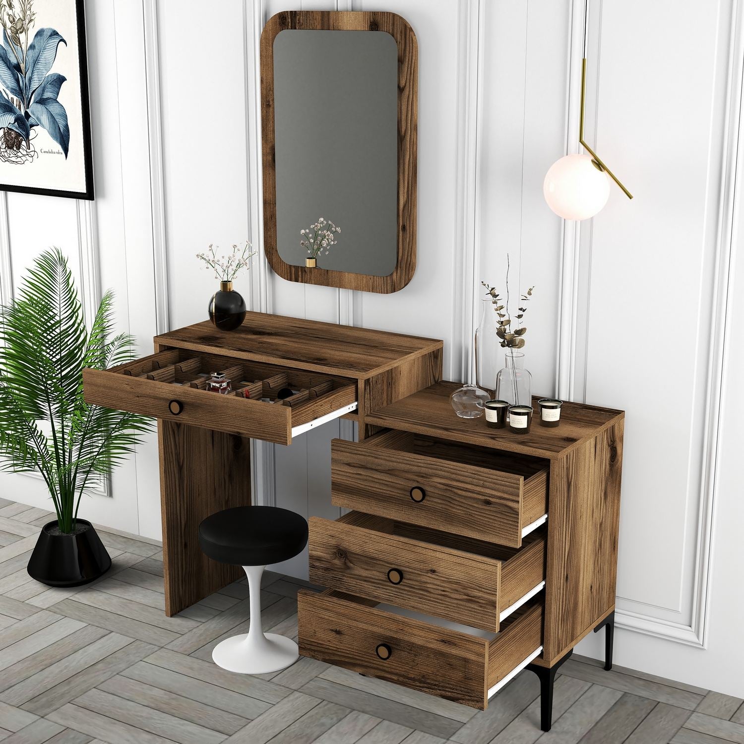 Toucador Moderno de nogueira com espelho – 124 x 84,7 x 40 cm – 100% revestido em melamina – pernas de metal