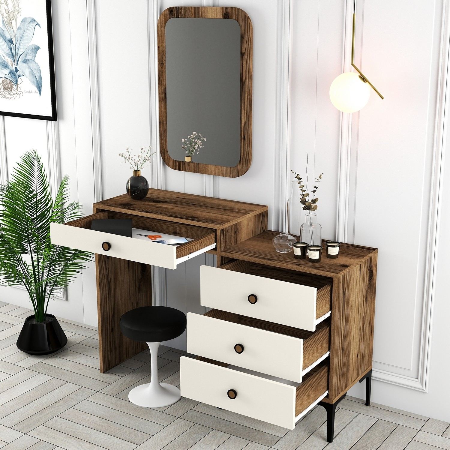 Toucador Moderno com espelho – 124 x 84,7 x 40 cm – Nogueira e Creme – Melamina